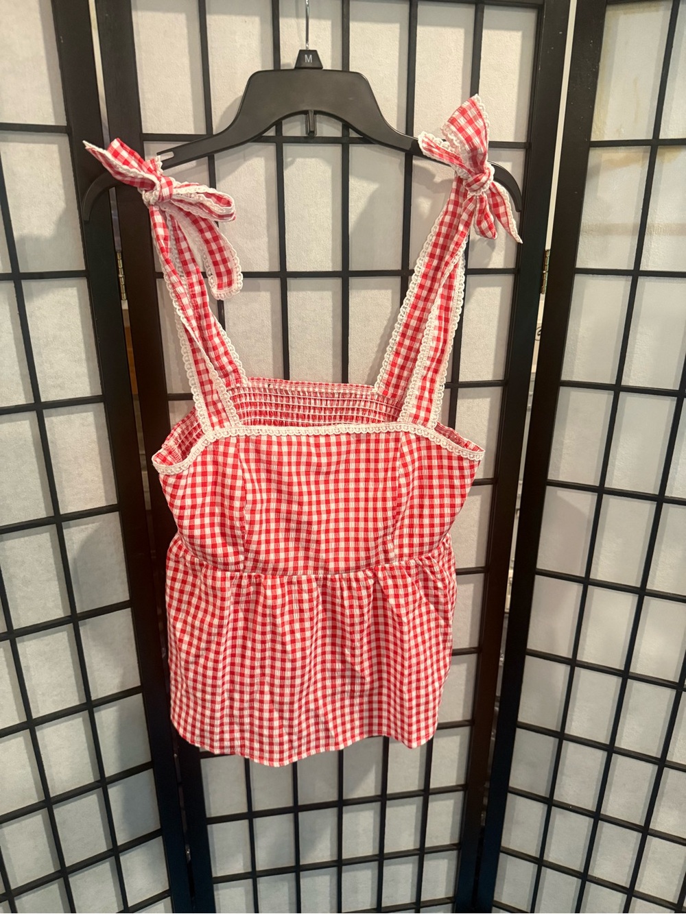 Red Gingham Tie-Shoulder Smocked Tank Top